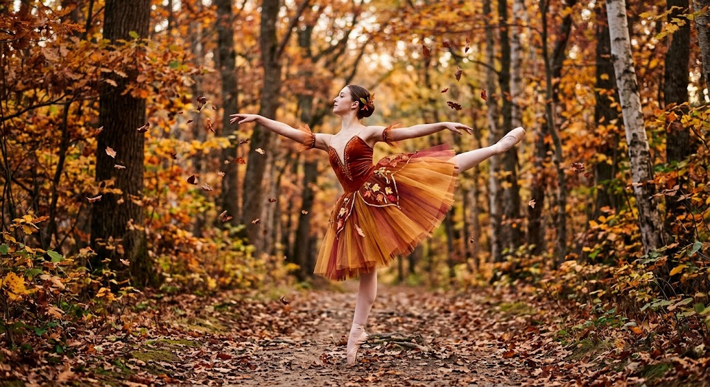 una ballerina classica con un tutù nei colori autunnali sullo sfondo di un bosco i cui alberi stanno perdendo le foglie