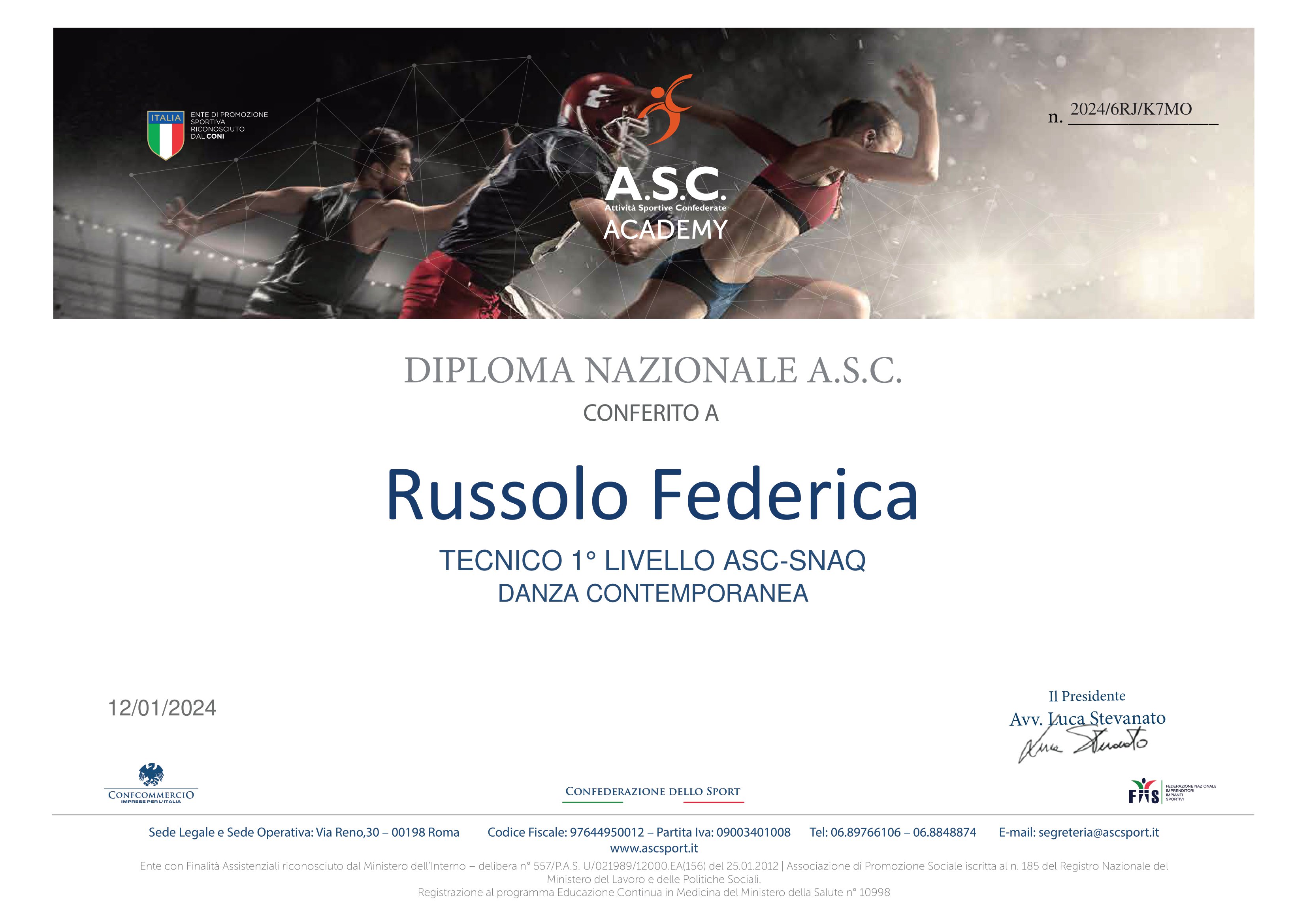 fotografia del diploma di insegnante di danza contemporanea di federica russolo