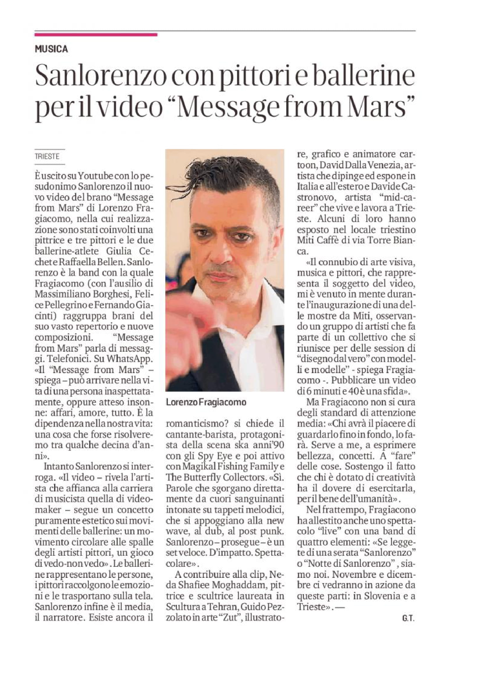 Articolo giornalistico sull'uscita del video musicale Message from Mars di SanLorenzo 